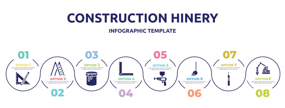 construction hinery concept infographic design template. included ruler and pencil, ladder open, paint can open, corner ruler, spray gun, mop, leather cutter, trucking icons and 8 option or steps.