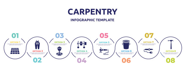 carpentry concept infographic design template. included tiles, jumpsuit, construction worker, cement mixer, polisher, water bucket, soldering iron, hammering icons and 8 option or steps. - obrazy, fototapety, plakaty