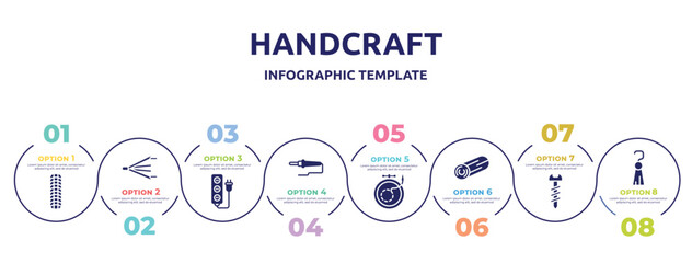 Fototapeta premium handcraft concept infographic design template. included tiremarks, bellows, extension cord, soldering, embroidery, woods, screws, tassel icons and 8 option or steps.