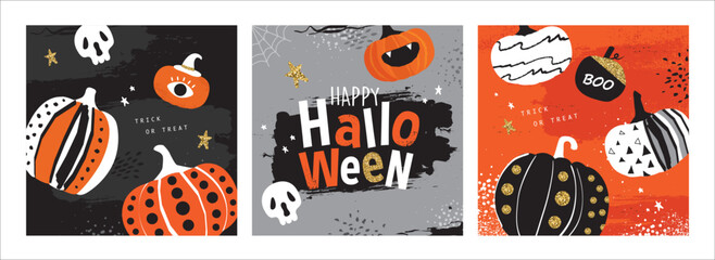 Set of trendy and stylish Halloween design with decorative pumpkins