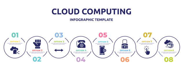 cloud computing concept infographic design template. included file sharing on internet, clenched fist, left and right arrow, old telephone, add phone, black locked, hand cursor, cloud upload icons