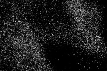 Abstract white grainy texture isolated on black background. Dust overlay textured. Grain noise particles. Snow effects. Design  element. Vector illustration, EPS 10.  