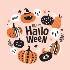 Fototapeten Trendy and stylish Halloween poster with decorative pumpkins © littleWhale