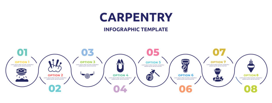 carpentry concept infographic design template. included panning, cushion, sawmill, handheld, woodcutter, multimeter, electrician, plumb bob icons and 8 option or steps.