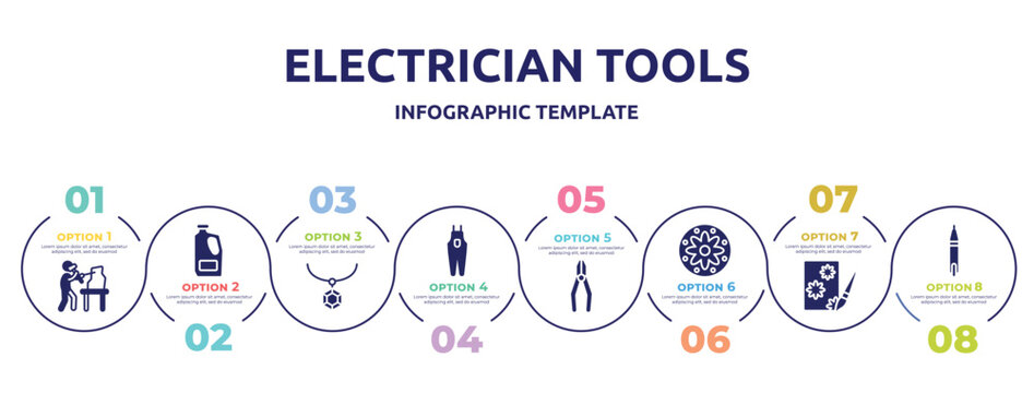 electrician tools concept infographic design template. included sculptor, detergent, rhinestone, overalls, crimping pliers, applique, decoupage, voltage indicator icons and 8 option or steps.