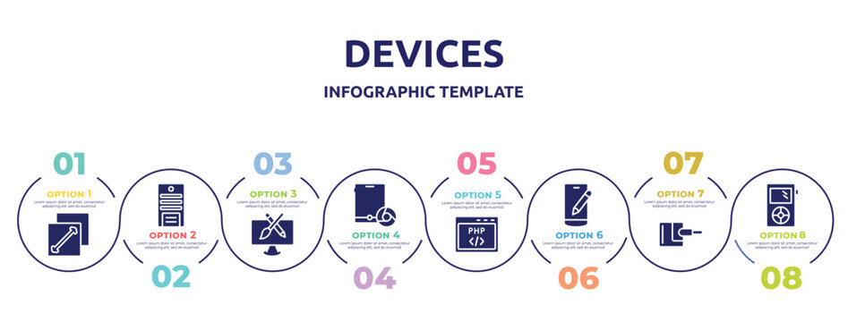 devices concept infographic design template. included fit screen, system unit, pencil and brush crossed, tablet and browser, php code, edit smartphone, power adapter, mini icons and 8 option or