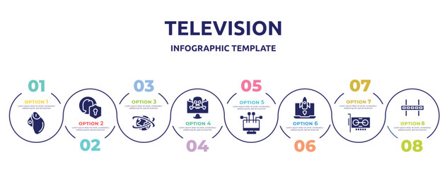 television concept infographic design template. included trackball, user protection, networld, crime, streaming, missile, adapter, wall bracket icons and 8 option or steps.