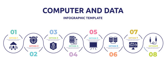 computer and data concept infographic design template. included domotics, digital campaign, unsecure, diagtic tool, projector screen, database storage, web analytics, jack icons and 8 option or