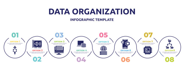 Fototapeta na wymiar data organization concept infographic design template. included connectivity, sound card, on, computer storage, learning, feature, processor, file system icons and 8 option or steps.