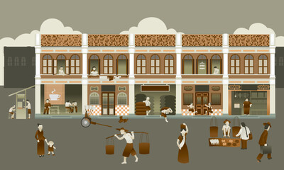 Shop house and people in the old times.  In vintage color mode.