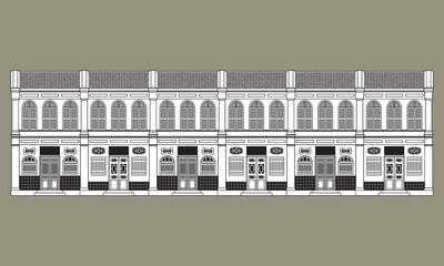 A row of  old shop houses. In monotone line art style.