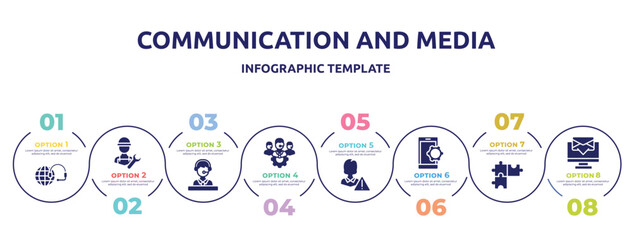 Obraz premium communication and media concept infographic design template. included technical support, repair expert, technical support with star, technical support team, customer problem, smarphone tings,