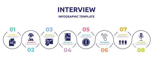 interview concept infographic design template. included complaint, reporter, spam, dictionary, caution triangle, hear, battery level, recorder icons and 8 option or steps.