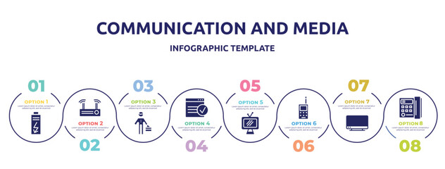 communication and media concept infographic design template. included charge, modem, stick man, applications, televisions, vintage cellphone, tv screen, icons and 8 option or steps.