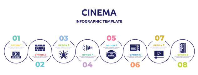 cinema concept infographic design template. included on, photograms, film star, ventriloquist, hd movie, prompt box, footage, video clip icons and 8 option or steps.