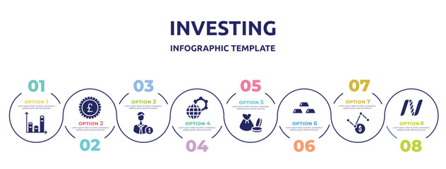 investing concept infographic design template. included bars, pound sterling, backer, official, capital, gold ingots, volatility, nasdaq icons and 8 option or steps.