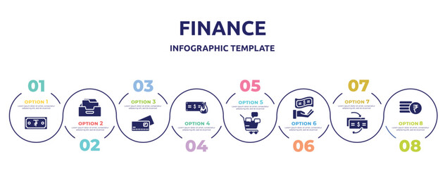 Fototapeta na wymiar finance concept infographic design template. included tugrik, filing cabinet, credit cards, wasted money, social marketing, get money, cash flow, rupees icons and 8 option or steps.