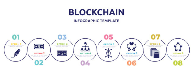 blockchain concept infographic design template. included highlight, new taiwan dollar, cruzeiro, hierarchy, cryptocurrencies, solidarity, binder, random icons and 8 option or steps.