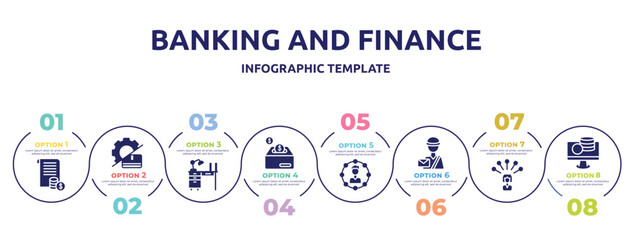 banking and finance concept infographic design template. included statement, productivity, drawers, humanitarian, affiliate, mailman, influencer, on icons and 8 option or steps.