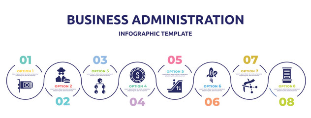 Fototapeta premium business administration concept infographic design template. included graphic card, anonymous, aorithm, dollar, mechanic stairs, approved, inauguration, ticket window icons and 8 option or steps.