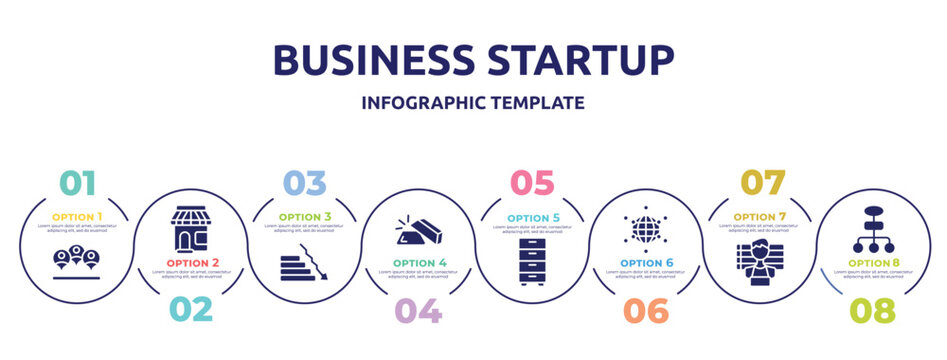 business startup concept infographic design template. included viral, convenience store, fallen, gold ingot, cabinet, free trade, suspect, flow chart icons and 8 option or steps.