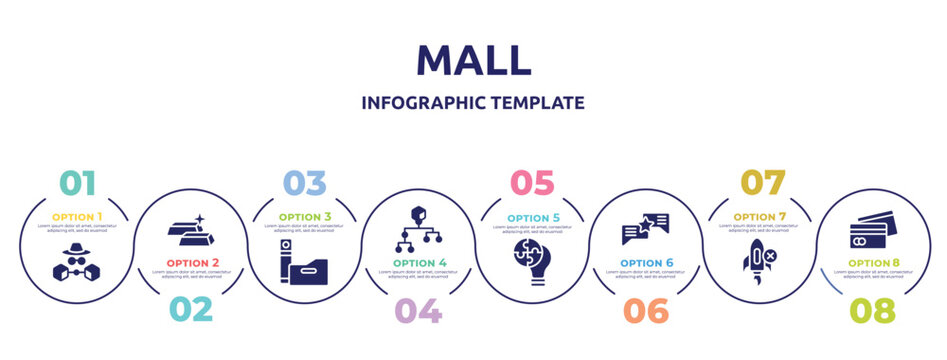 Mall Concept Infographic Design Template. Included Annonymous, Ingots, Folders, Flow Diagram, Problem Solving, Good Communication, Rejected, Card Payment Icons And 8 Option Or Steps.