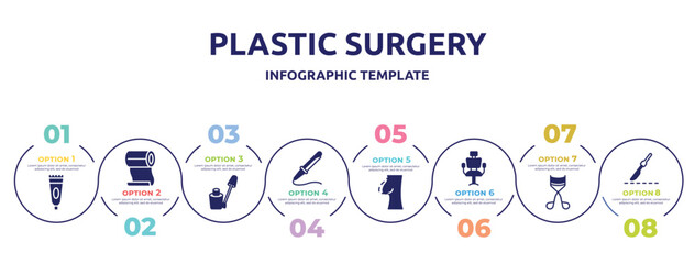 plastic surgery concept infographic design template. included tooth paste, roll on, nail color, curling, nipple, hairdresser chair, eyelashes curler, scalpel icons and 8 option or steps.