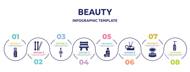 beauty concept infographic design template. included hair spray, cotton swab, wrist watch, wooden chair, deodorant, aroma, powder, cleansing icons and 8 option or steps.