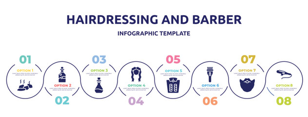 hairdressing and barber concept infographic design template. included stones, essential oil, essence, long female hair tincture, weighing, clipper, beard, curler icons and 8 option or steps.