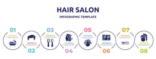 hair salon concept infographic design template. included bath salt bomb, boy hair shape, pets hair salon tools kit, treatment, curlers, color sample, , female head with ponytail icons and 8 option