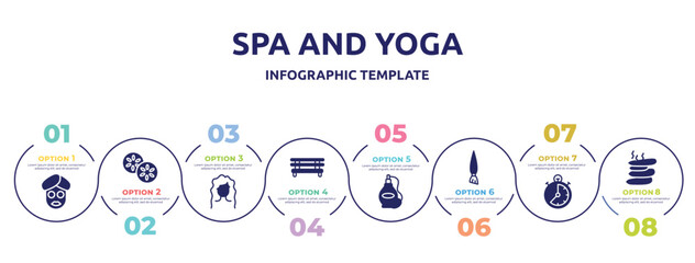 spa and yoga concept infographic design template. included facial mask, cucumber, wavy hair, spa bed, perfume bottle, angle brush, stopclock, hot stone icons and 8 option or steps.