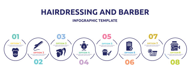 hairdressing and barber concept infographic design template. included male head hair and beard, curling iron, female head, samovar, bubbles, disclaimer, cold water, barber icons and 8 option or