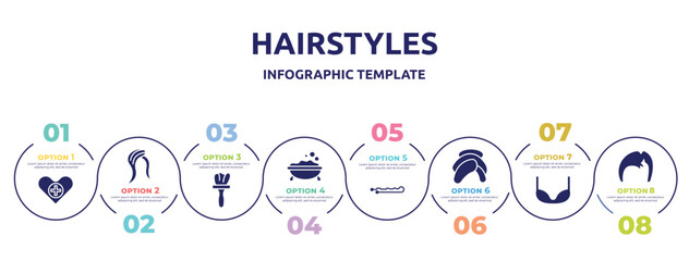 hairstyles concept infographic design template. included health care, hair style, tint, foam, hair pin, head towel, bra, man hair icons and 8 option or steps.