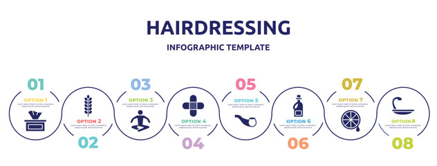 hairdressing concept infographic design template. included tissues, lavender, relaxation, band aid, smoking pipe, softener, lemon juice, hair wash sink icons and 8 option or steps.