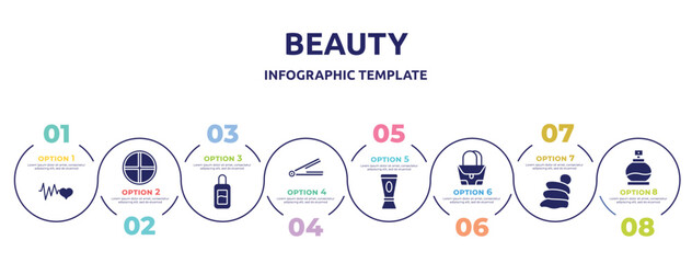 beauty concept infographic design template. included cardiogram, tray, makeup remover, hair iron, hair conditioner, purse, snail slime, fragance icons and 8 option or steps.
