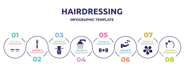 hairdressing concept infographic design template. included lashes, make, waist, ba, elegante, treatment, jasmine, hair tie icons and 8 option or steps.