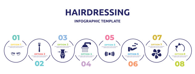 Obraz premium hairdressing concept infographic design template. included lashes, make, waist, ba, elegante, treatment, jasmine, hair tie icons and 8 option or steps.