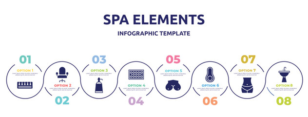 spa elements concept infographic design template. included toe separator, salon chair, hairtonic, paints, breast, avocado, bellybutton, washbowl icons and 8 option or steps.