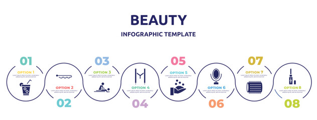 beauty concept infographic design template. included ice tea, hair pins, massages, suspenders, hygienic, mirrors, hair roller, concealer icons and 8 option or steps.