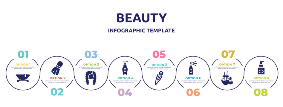 Beauty Concept Infographic Design Template. Included , Shaving Brush, Curled Black Long Female Hair Shape, Face Cleanser, Barette, Hairspray, Aromatherapy, Foundation Icons And 8 Option Or Steps.