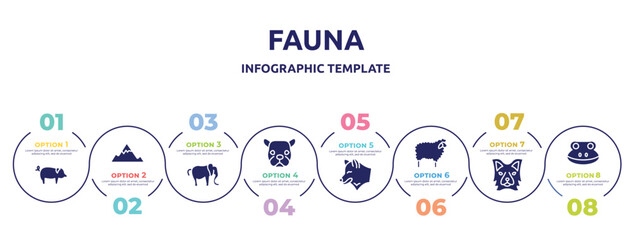 fauna concept infographic design template. included pig with round tail, angular mountain, elephant alone, face of staring dog, wolf head, sheep with wool, border collie head, frog head icons and 8