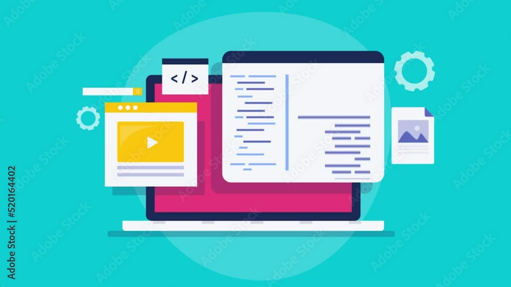 Poster website and software application development on laptop, video animation.