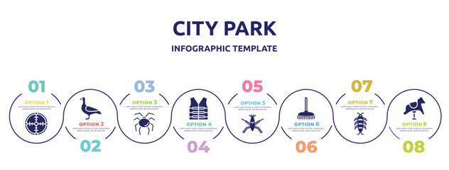 city park concept infographic design template. included crosshair, goose, opiliones, lifejacket, pond skater, rake, silverfish, rocking horse icons and 8 option or steps.
