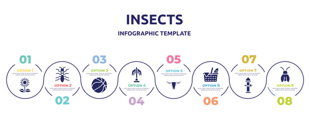 insects concept infographic design template. included sunflowers, tree lobster, basketball ball, statue, bull, picnic, fire hydrant, cicada icons and 8 option or steps.