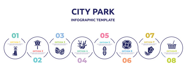 city park concept infographic design template. included lighthouse, birdhouse, easter egg, seaweed, plankton, lifebuoy, mussel, food basket icons and 8 option or steps.