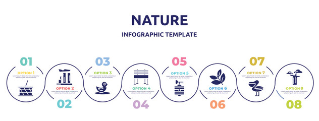 Fototapeta premium nature concept infographic design template. included picnic basket, relics, duck, bench, beehive, herb, pelican, baobab icons and 8 option or steps.