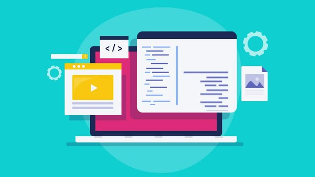 Website and software application development on laptop, video animation.