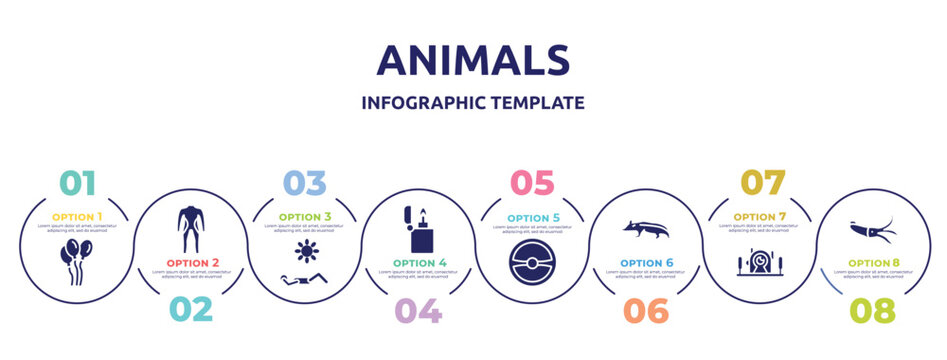 animals concept infographic design template. included balloons, diving suit, sunba, lighter, steering wheel, badger, underwater photography, squid icons and 8 option or steps.