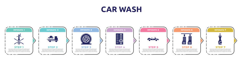 car wash concept infographic design template. included helicopter black shape top view, tow, flat tire, gearbox, convertible, car pedals, insect repellent icons and 7 option or steps.