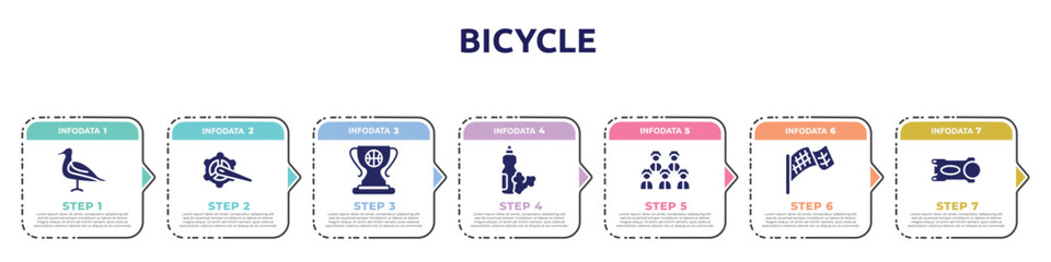 bicycle concept infographic design template. included seagulls, crank arm, champ, food and drink, baseball team, checkered flag, stem icons and 7 option or steps. © VectorStockDesign